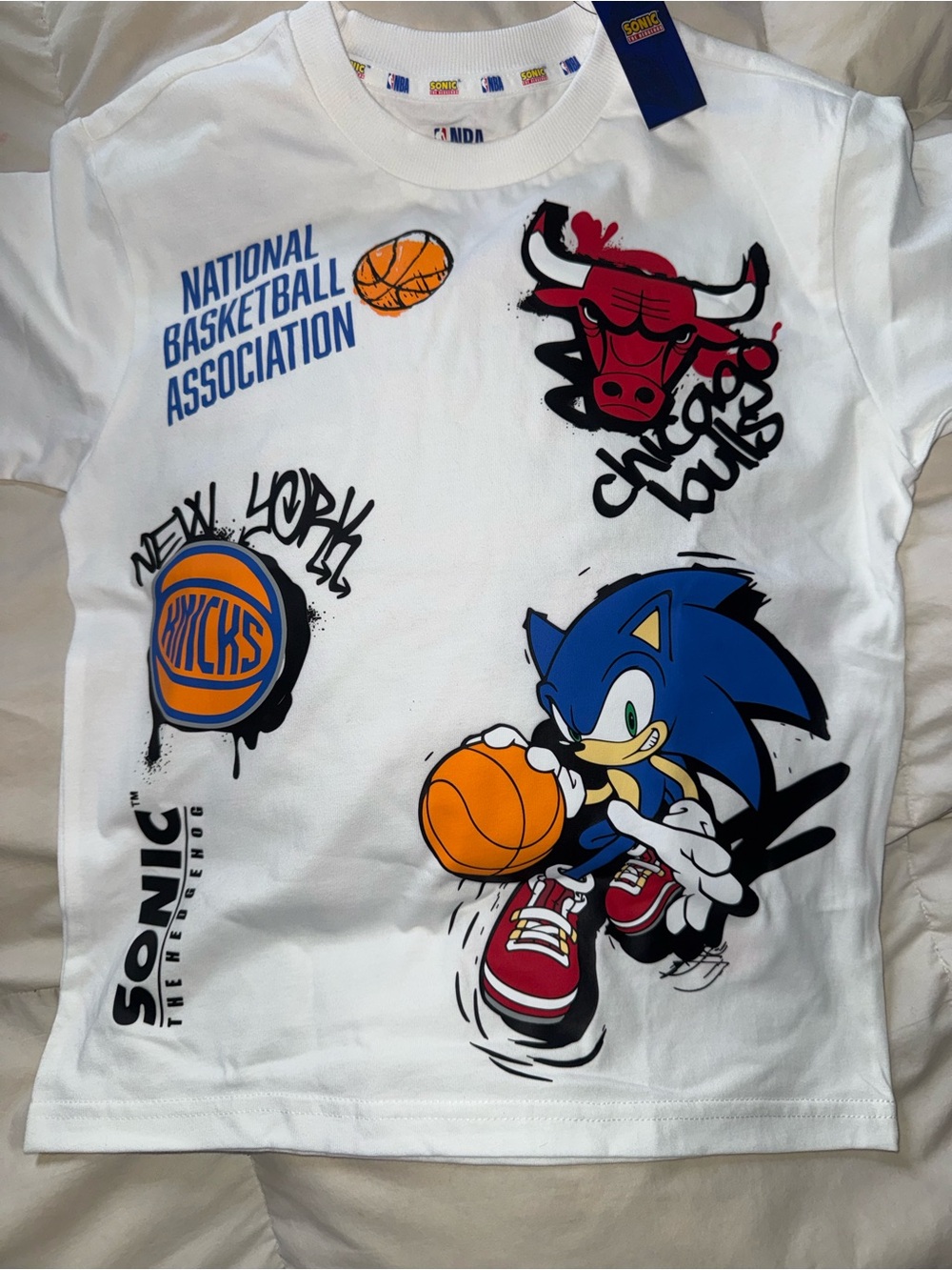 NBA x Sonic White T-Shirt with Blue, Red, Orange & Black Graphics